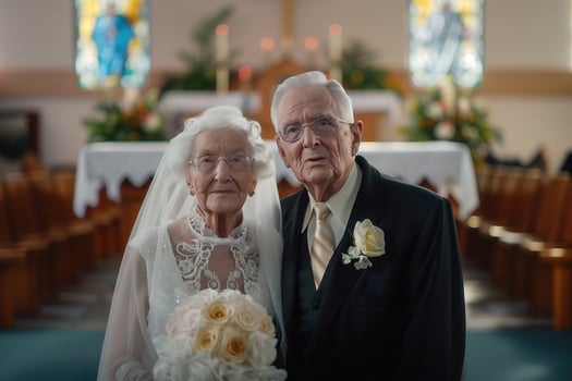 elderly couple bride and groom in front of the altar photo