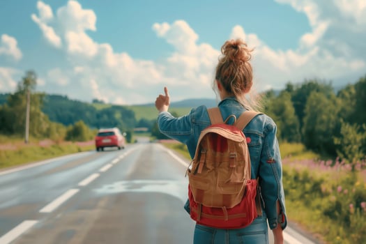 girl tourist catches a car on the road , hitchhiking photo