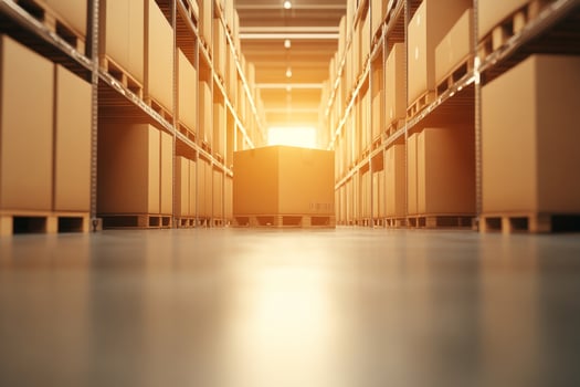Organized warehouse interior with high metal shelves and pallets of cardboard boxes in a clean environment photo
