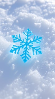 blue sparkly snowflake rests on white snow photo