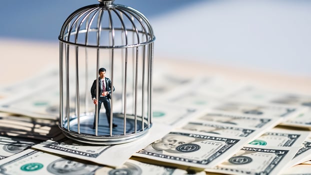 figurine man trapped a cage dollar bills photo