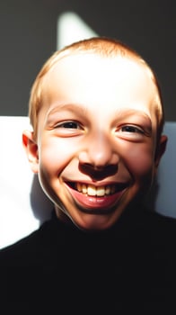 young boy smiles brightly a beam light photo