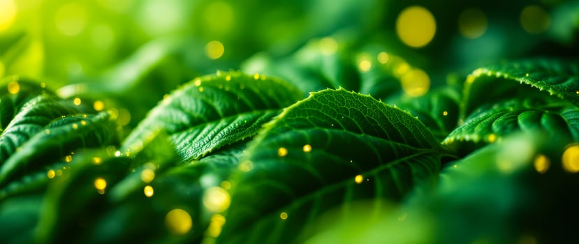 close- view lush green leaves with golden bokeh photo