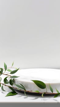 white marble platform with green leaves photo