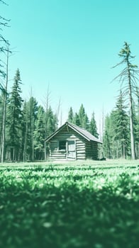 small wooden cabin rests a green forest clearing photo