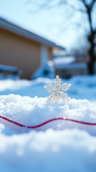 golden snowflake resting on a bed snow photo