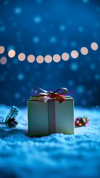 gift box rests on a snowy night photo