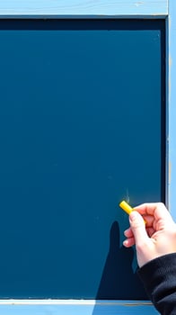 hand holding chalk front a blue chalkboard photo