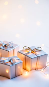 sparkling silver gift boxes on a white surface photo