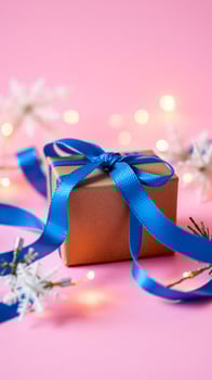 brown gift box with a blue ribbon on a pink background photo