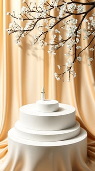 white bottle on a pedestal with blossoms fabric photo