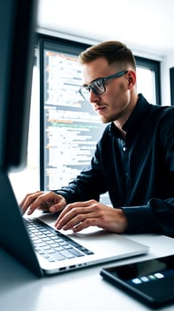 programmer works on a laptop an office setting photo
