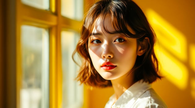 young woman with short brown hair gazes intently into the camera photo