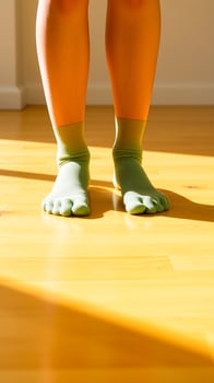 feet green toe socks on wooden floor photo