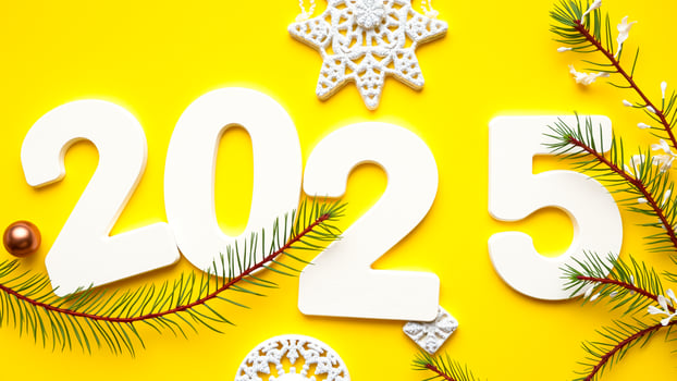 white wooden numbers 2025 on a yellow background with pine branches ornaments photo