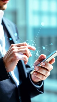 person's hand interacting with a digital network on a mobile phone photo