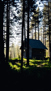 rustic log cabin bathed sunlight a dense forest photo