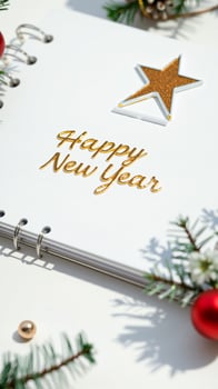 white notebook with a festive new year greeting photo