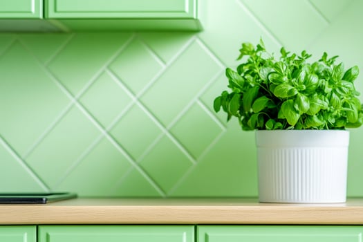 Retro kitchen with pastel green cabinets and vintage decor showcasing fresh herbs in natural light photo