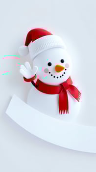 cheerful snowman waves with a blank greeting photo