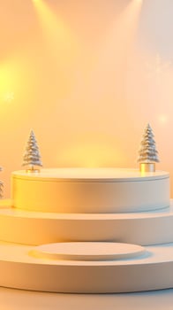 minimalist product display with frosted pine trees yellow lighting photo