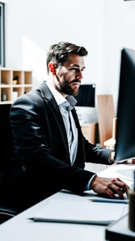 man a suit focuses on his work at a computer desk photo