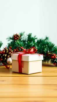 wrapped gift box on a wooden table with festive decorations photo