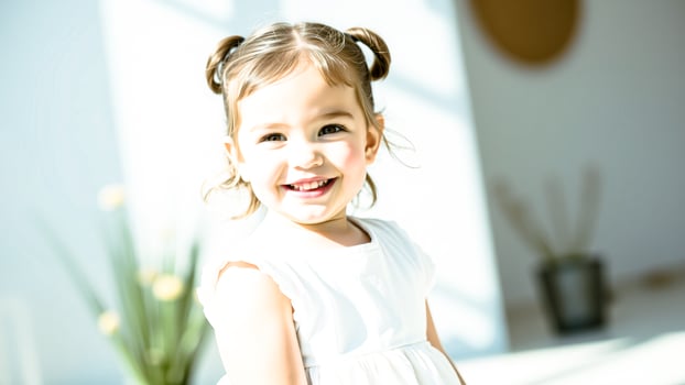little girl a white dress smiling brightly photo