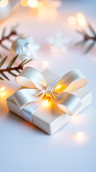 white gift box decorated with a satin bow warm lights photo
