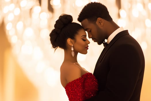 Elegant couple dancing closely in a grand ballroom illuminated by chandeliers photo
