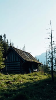 rustic cabin nestled a lush meadow photo