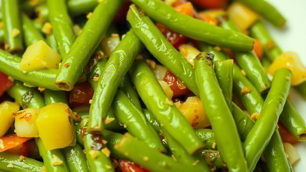 close- green beans yellow red bell peppers garlic photo