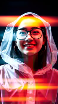 smiling woman a translucent jacket under neon lights photo