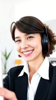 smiling woman a black suit jacket white shirt wearing headphones photo