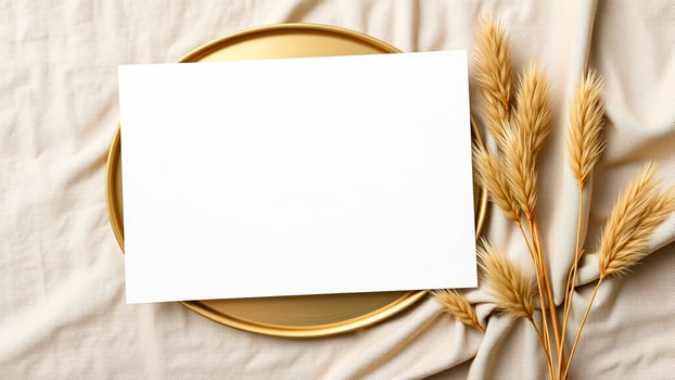 minimalist white card mockup with gold tray dried stalks photo