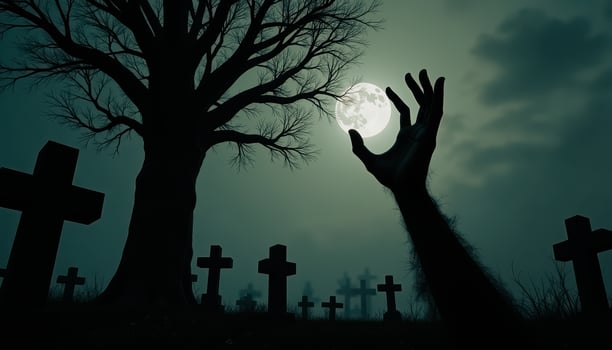 hand reaching the moon a graveyard photo