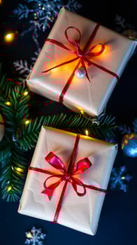 two cream paper gifts with red ribbons decorated with fairy lights photo