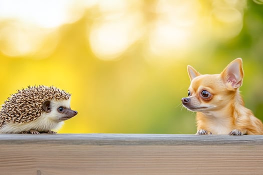 Chihuahua and hedgehog sharing a moment on a wooden bench in a lush garden under warm sunlight photo