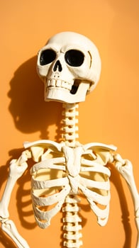 plastic skeleton stands against an background photo