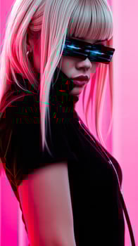 woman with futuristic sunglasses stands against a pink background photo