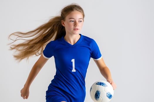 Focused teenage girl in a blue sports uniform dribbles a soccer ball against a minimalist backdrop photo