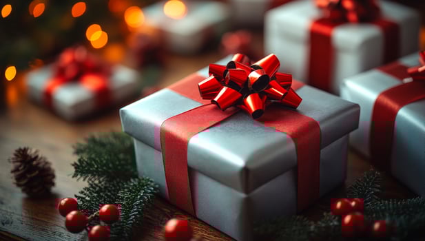 A silver box with a red bow on top of a table with Christmas decorations. The box is the center of attention and is surrounded by pine needles and berries photo