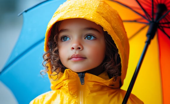 A young girl wearing a yellow raincoat and holding a rainbow umbrella. She has blue eyes and a smile on her face photo