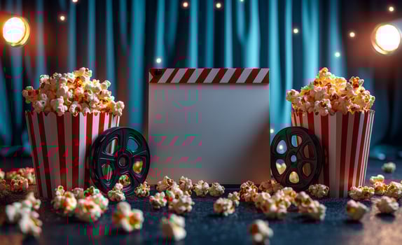 A white board with a red and white striped border sits in front of two popcorn buckets. The board is empty, but the buckets are full of popcorn photo