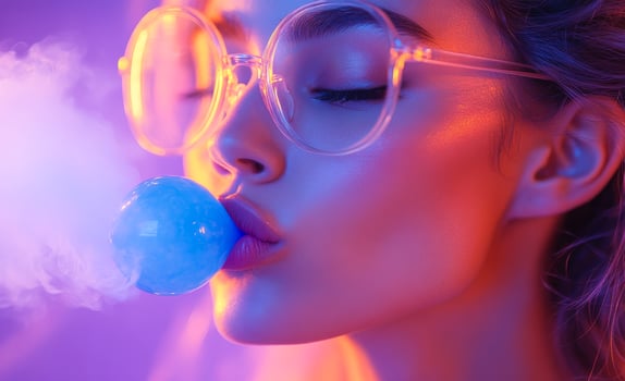 A woman is blowing bubbles with a blue bubblegum. The bubbles are floating in the air and the woman is wearing glasses. The image has a fun and playful mood, as the woman is enjoying a simple activity photo