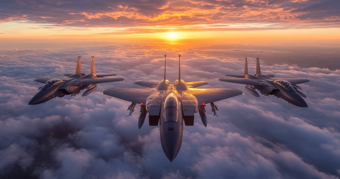 Three fighter jets flying in the sky with a sunset in the background. Scene is one of excitement and adventure, as the planes soar through the clouds and the sun sets in the distance photo