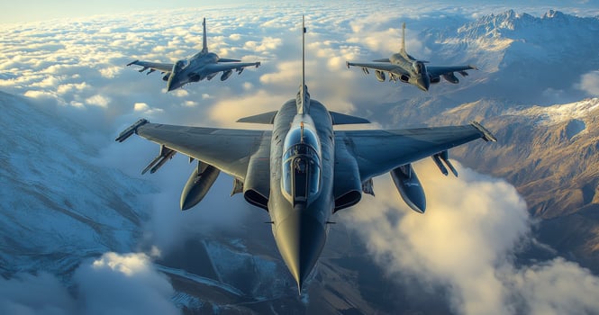 Three fighter jets flying in the sky. The clouds are white and the sky is blue. Scene is intense and powerful photo