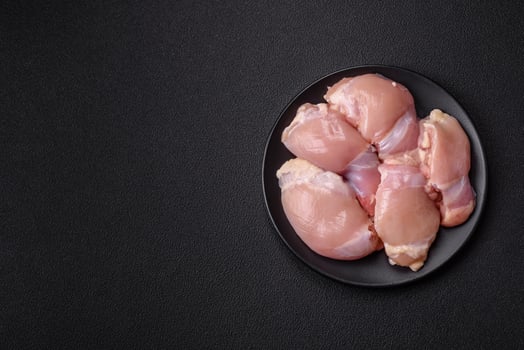 Fresh raw chicken thigh fillets with salt, spices and herbs photo
