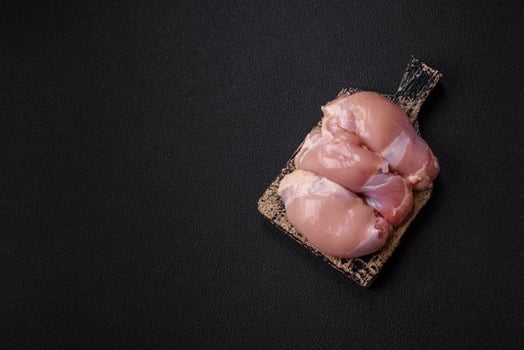 Fresh raw chicken thigh fillets with salt, spices and herbs photo