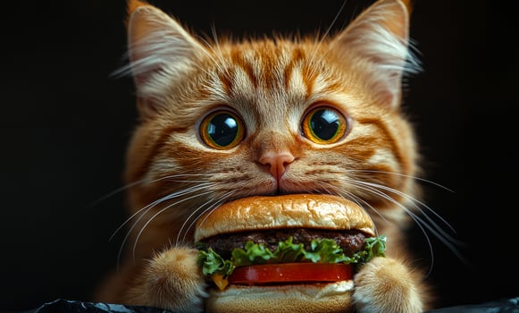 A cat is holding a hamburger in its mouth. The cat's eyes are wide open, and it is enjoying the meal. Concept of playfulness and curiosity photo